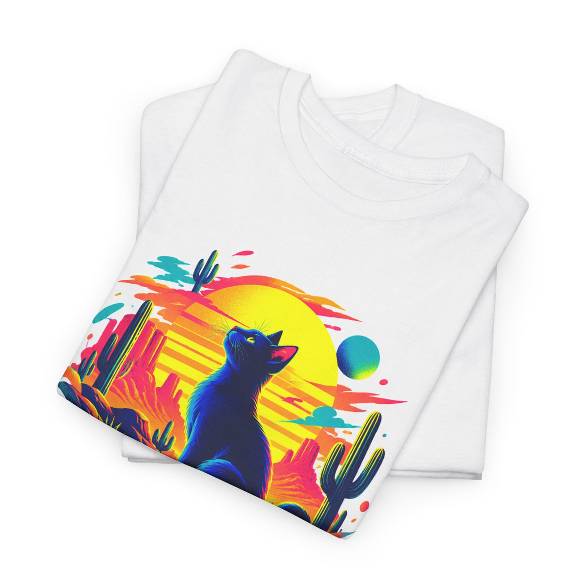 Neon Desert Black Cat T-Shirt Synthwave Sunset Cactus Oasis Cat Lover Tee