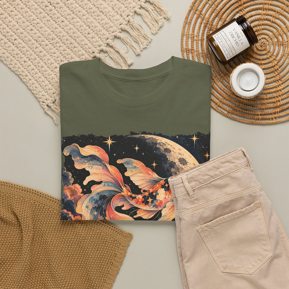 Koi Fish Moon T-Shirt Celestial Koi Night Sky Full Moon Graphic Tee Unisex