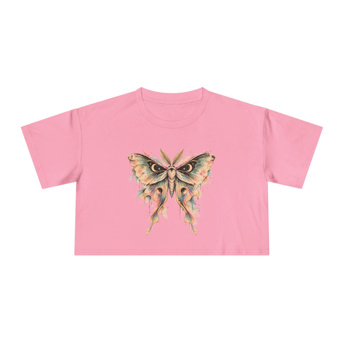 Celestial Luna Moth Crop Tee, Pastel Watercolor Moth Crescent Moon Stars Paint Drip Women's Cropped T-Shirt