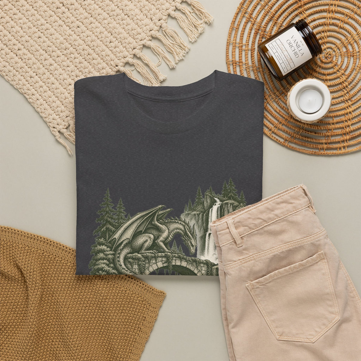 Dragon Forest Bridge T-Shirt Fantasy Waterfall Nature Dragon Tee