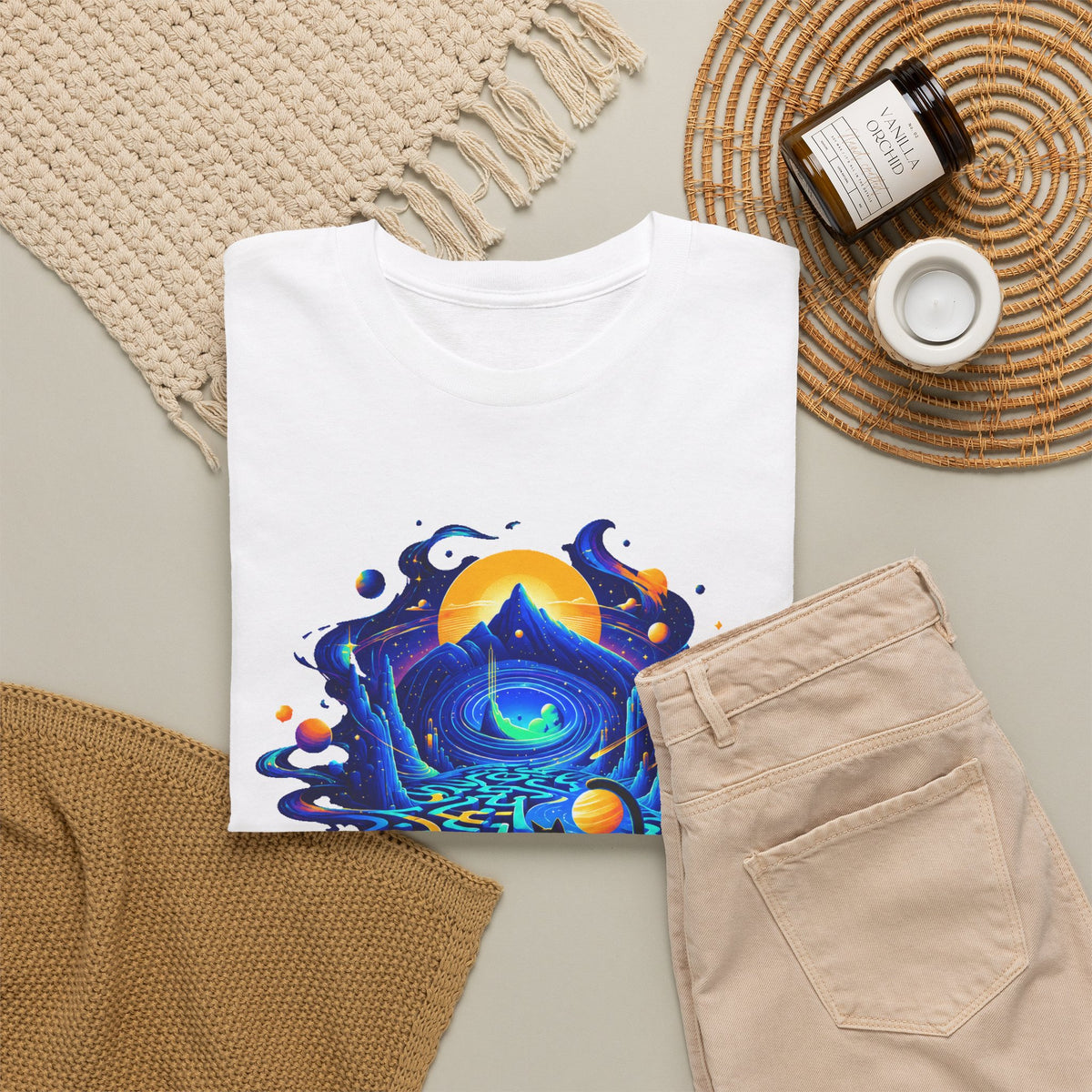 Cosmic Black Cat Maze T-Shirt Celestial Galaxy Labyrinth Mountain Sun Cat Lover Tee