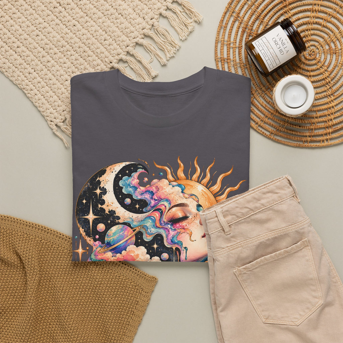 Celestial Sun and Moon Woman T-Shirt, Pastel Cloud Hair Melting Drip Planets Stars Graphic Tee Unisex
