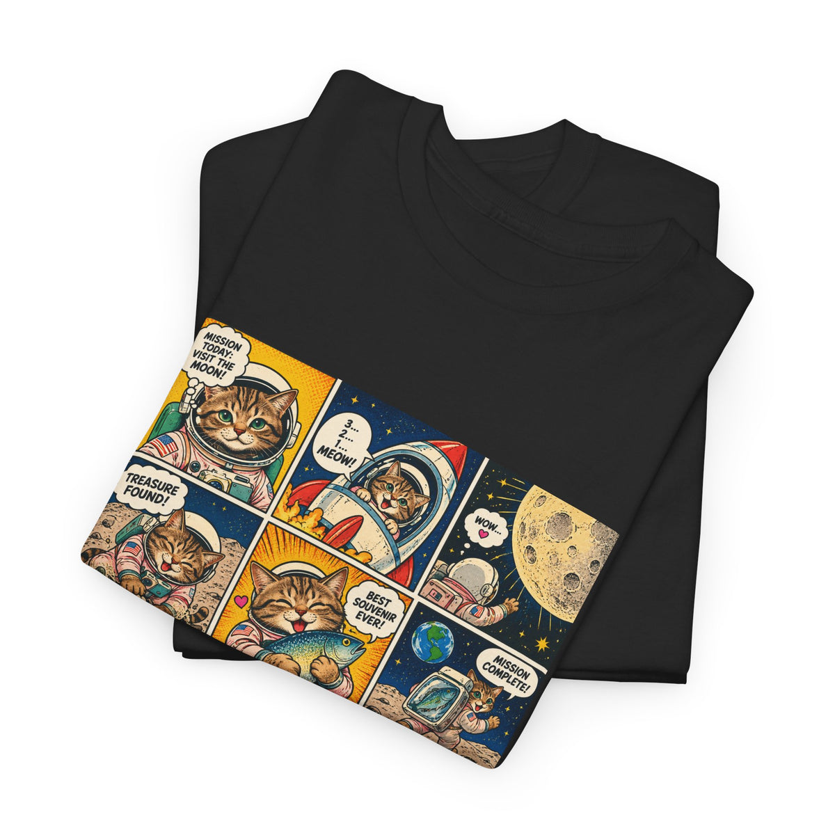 Astronaut Cat Comic T-Shirt, Space Cat Moon Mission Fish Funny Comic Strip Graphic Tee Unisex