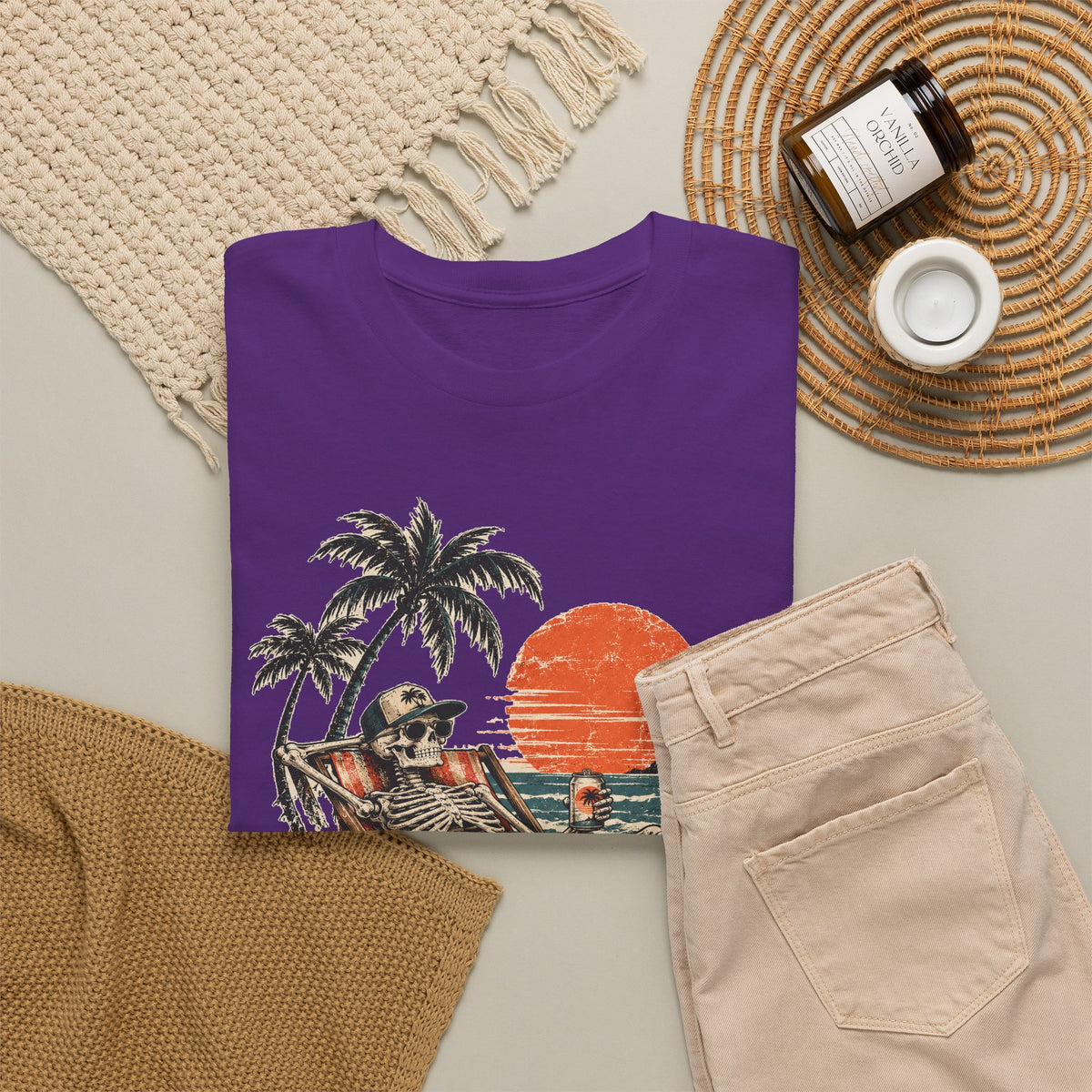 Beach Skeleton Sunset T-Shirt Palm Trees Vacation Mode Funny Skeleton Graphic Tee