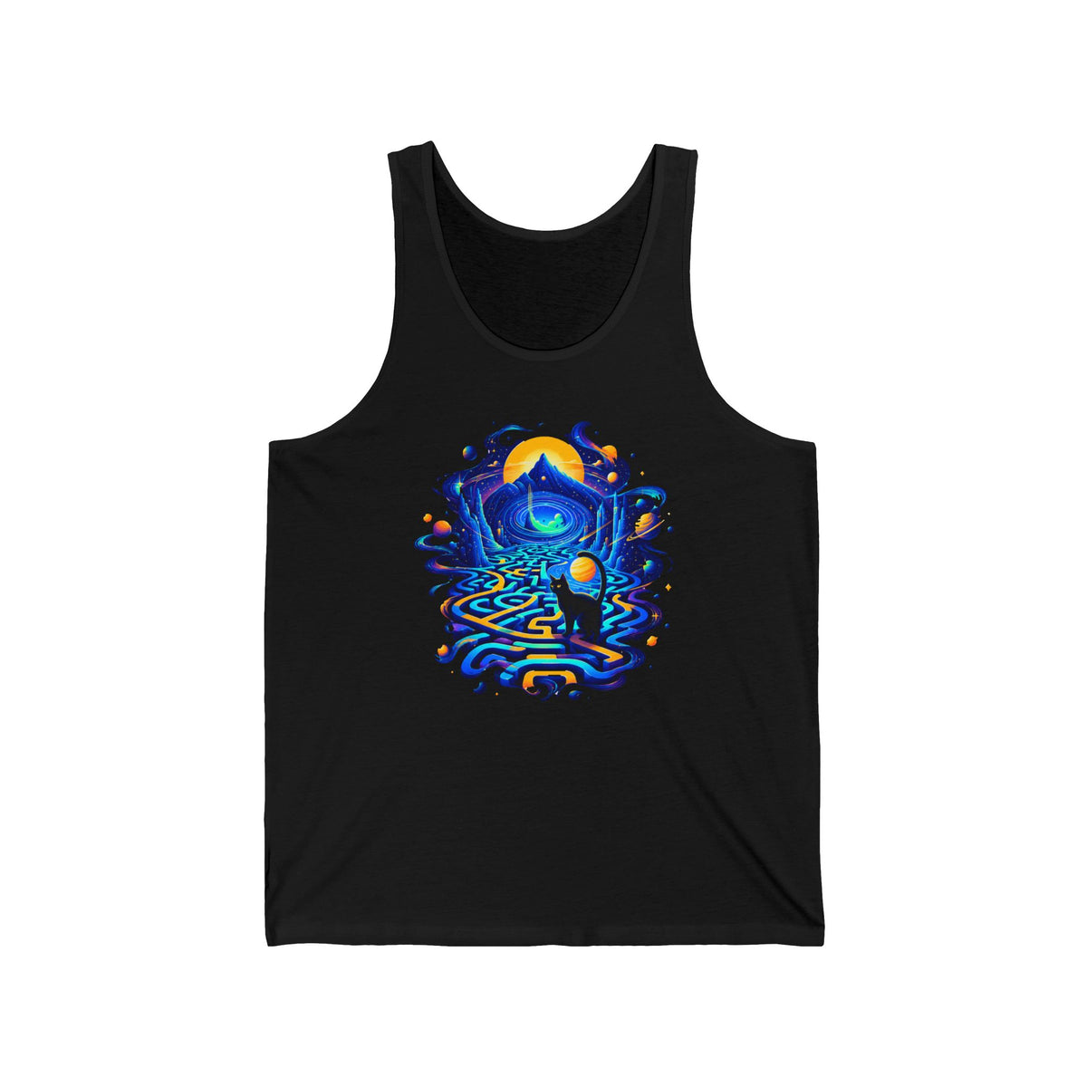 Cosmic Black Cat Maze Tank Top Celestial Galaxy Labyrinth Cat Lover Tank