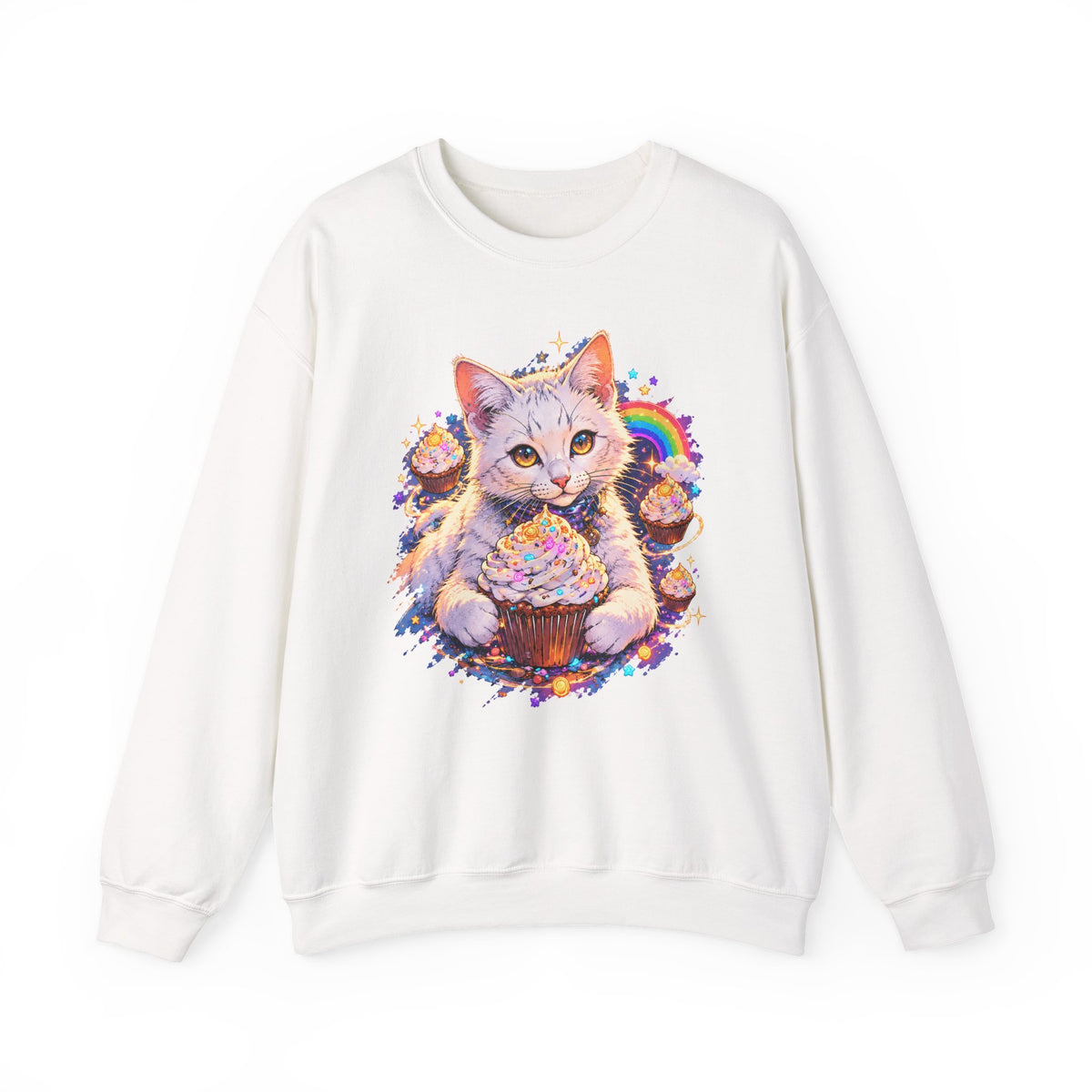 Birthday Cat Cupcake Crewneck Sweatshirt Cute White Kitten Rainbow Sprinkles Party Art