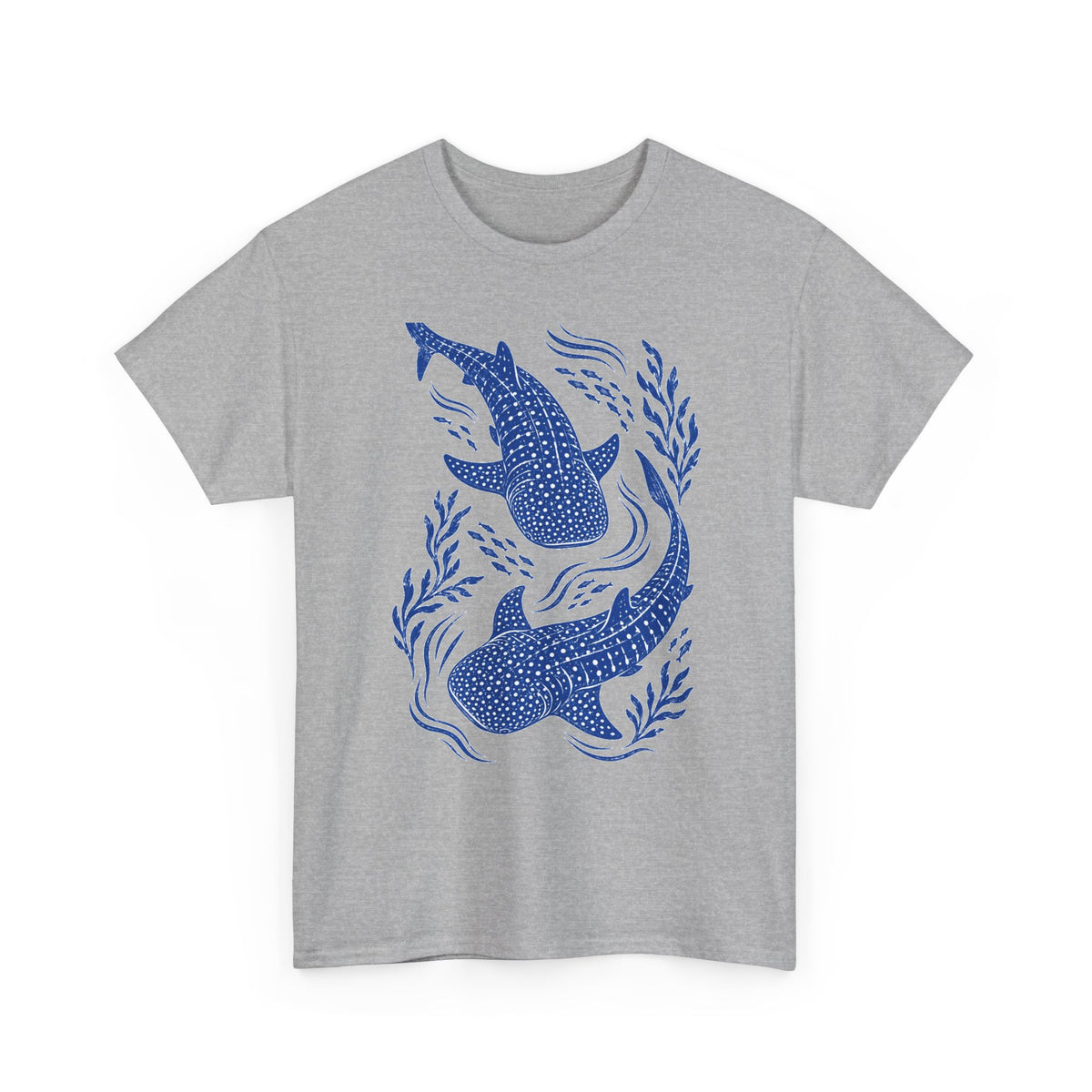 Whale Shark Linocut T-Shirt Blue Block Print Ocean Seaweed Fish Tee