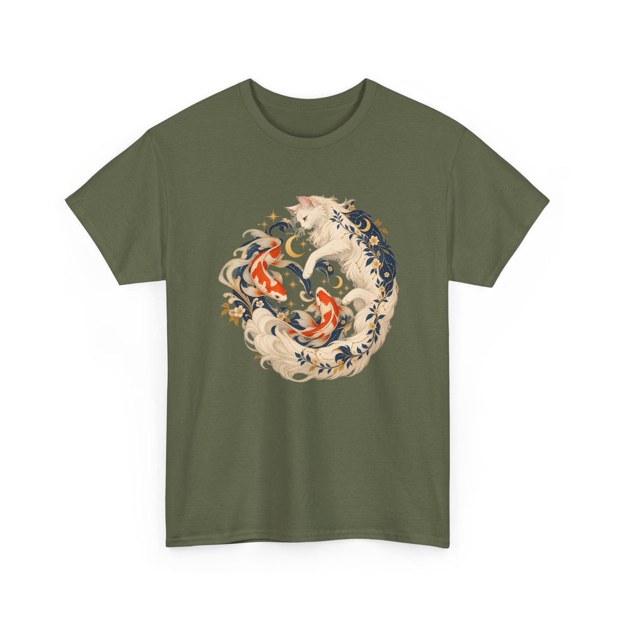 White Cat Koi Celestial T-Shirt Yin Yang Floral Cat Fish Tee