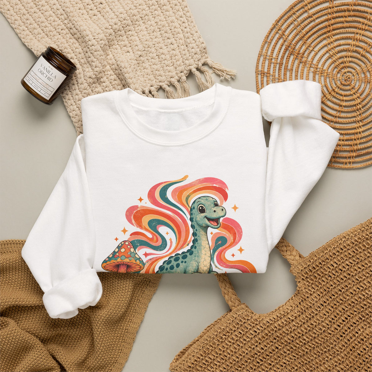 Groovy Brontosaurus Sweatshirt Retro 70s Dinosaur Mushroom Daisy Crewneck