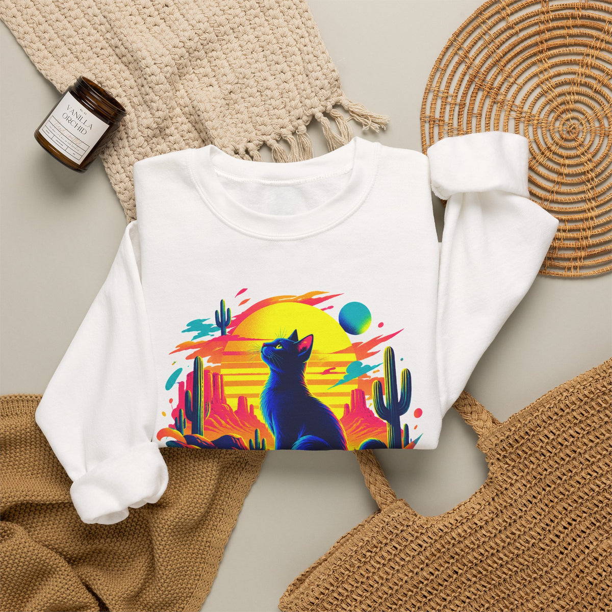 Neon Desert Black Cat Sweatshirt Synthwave Sunset Cactus Oasis Cat Lover Crewneck