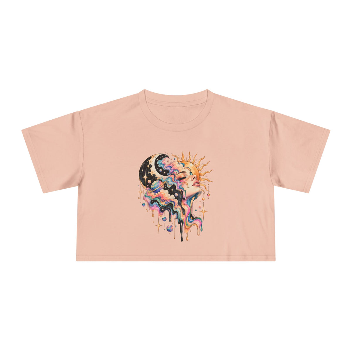 Celestial Sun and Moon Woman Crop Tee, Pastel Cloud Hair Melting Drip Planets Stars Women's Cropped T-Shirt