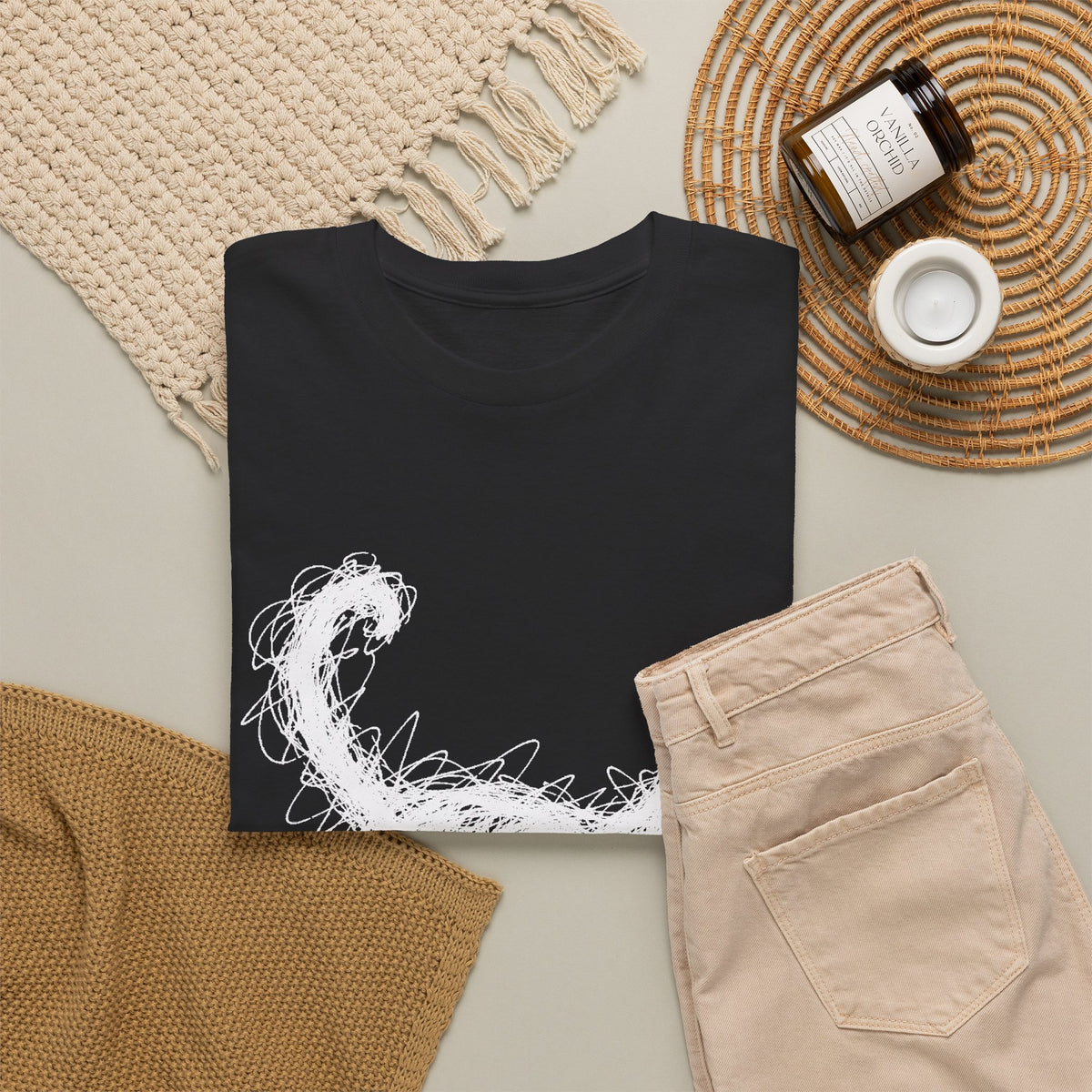 Scribble White Cat on Black T-Shirt Minimal Line Art Cat