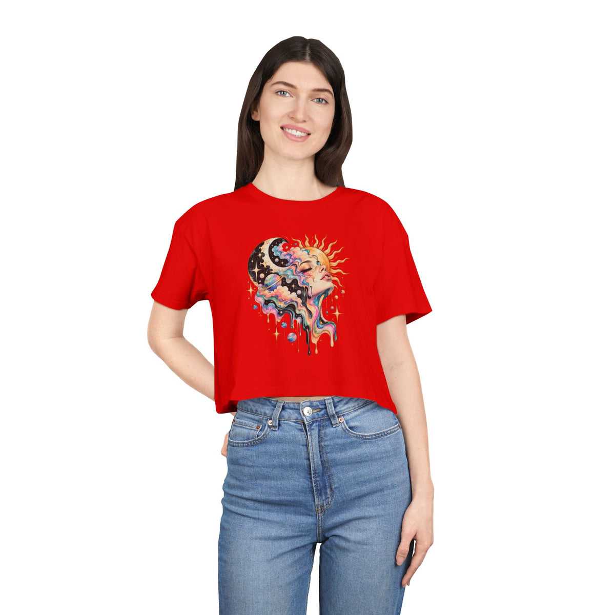 Celestial Sun and Moon Woman Crop Tee, Pastel Cloud Hair Melting Drip Planets Stars Women's Cropped T-Shirt