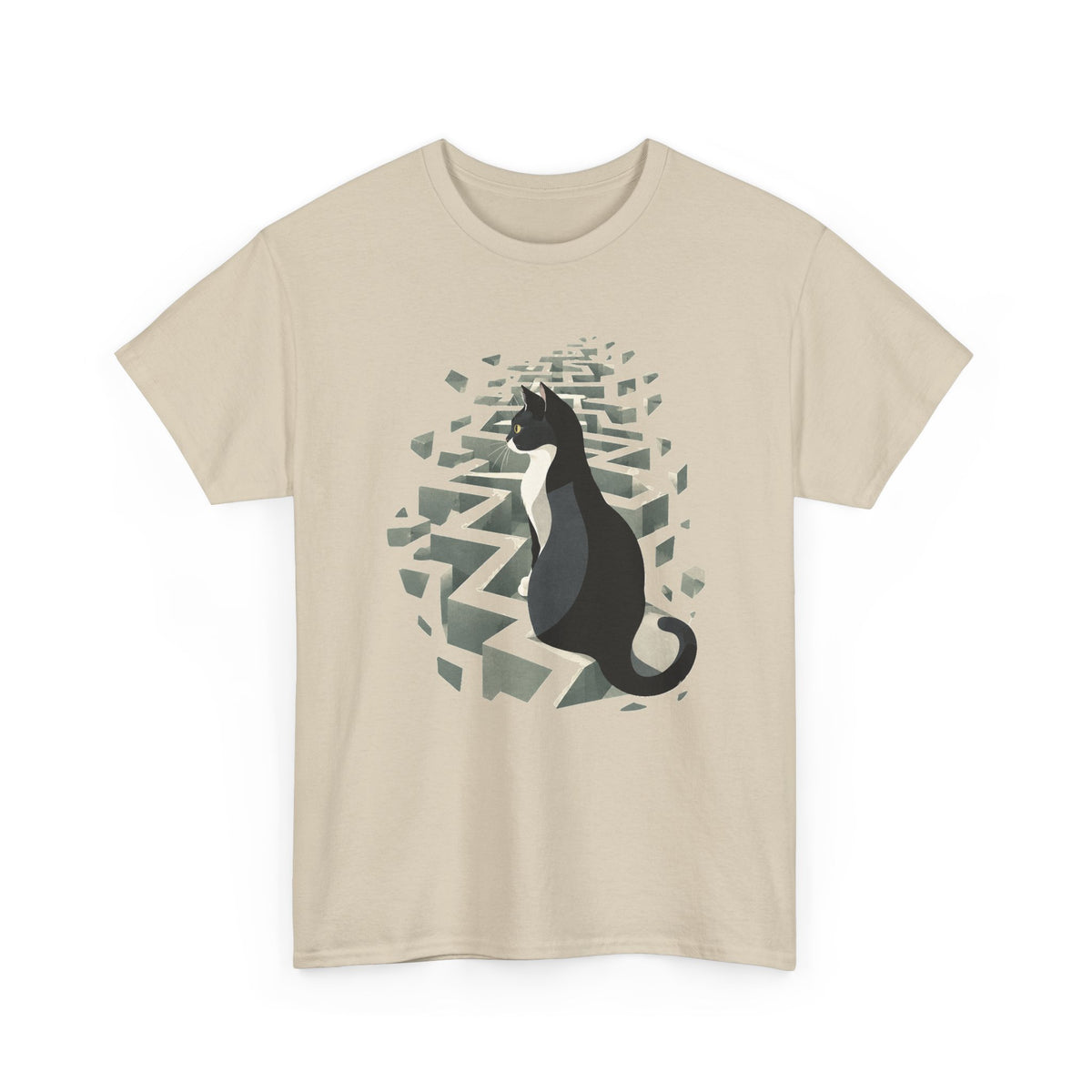 Tuxedo Cat 3D Maze T-Shirt Black and White Cat Surreal Labyrinth Art