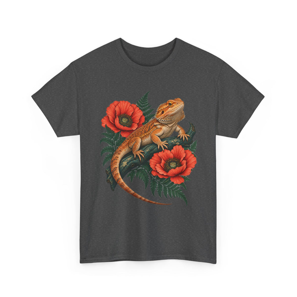 Bearded Dragon Red Poppies T-Shirt Botanical Lizard Floral Tee