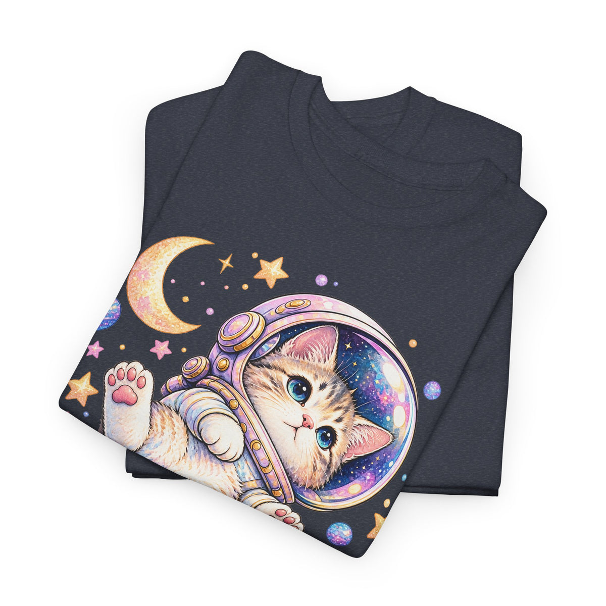 Astronaut Kitten T-Shirt, Cute Pastel Space Cat Helmet Moon Planets Stars Graphic Tee Unisex