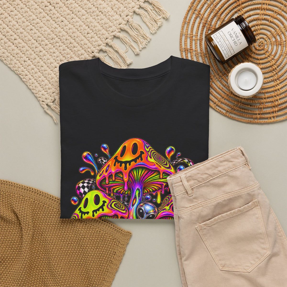 Neon Smiley Mushrooms T-Shirt Acid Alien Trippy Psychedelic Tee