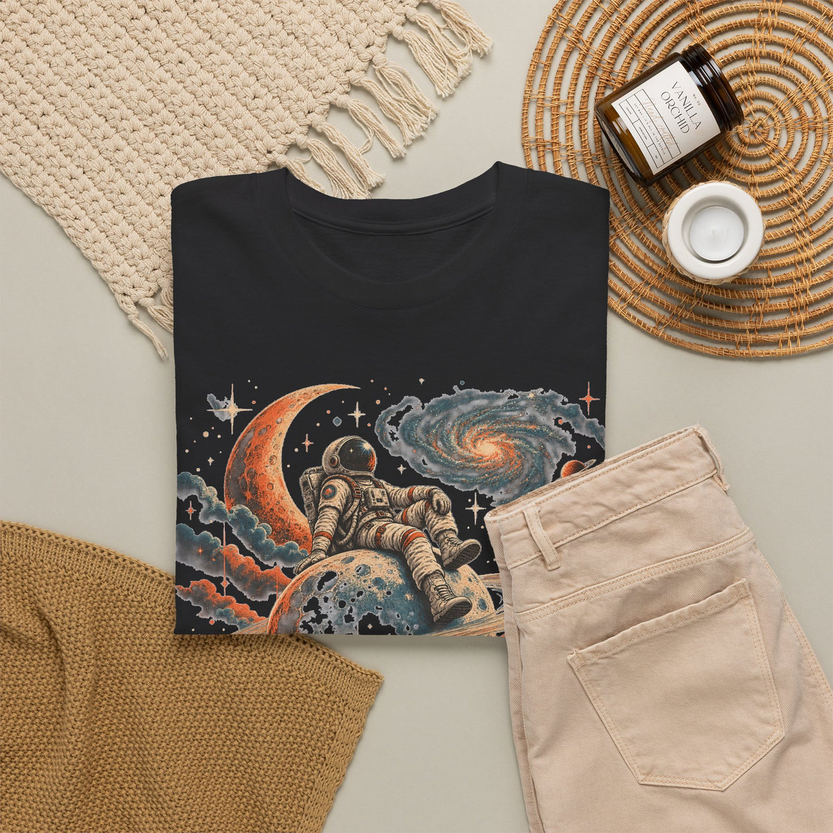 Astronaut on Saturn T-Shirt Chill Astronaut Ringed Planet Galaxy Crescent Moon Tee
