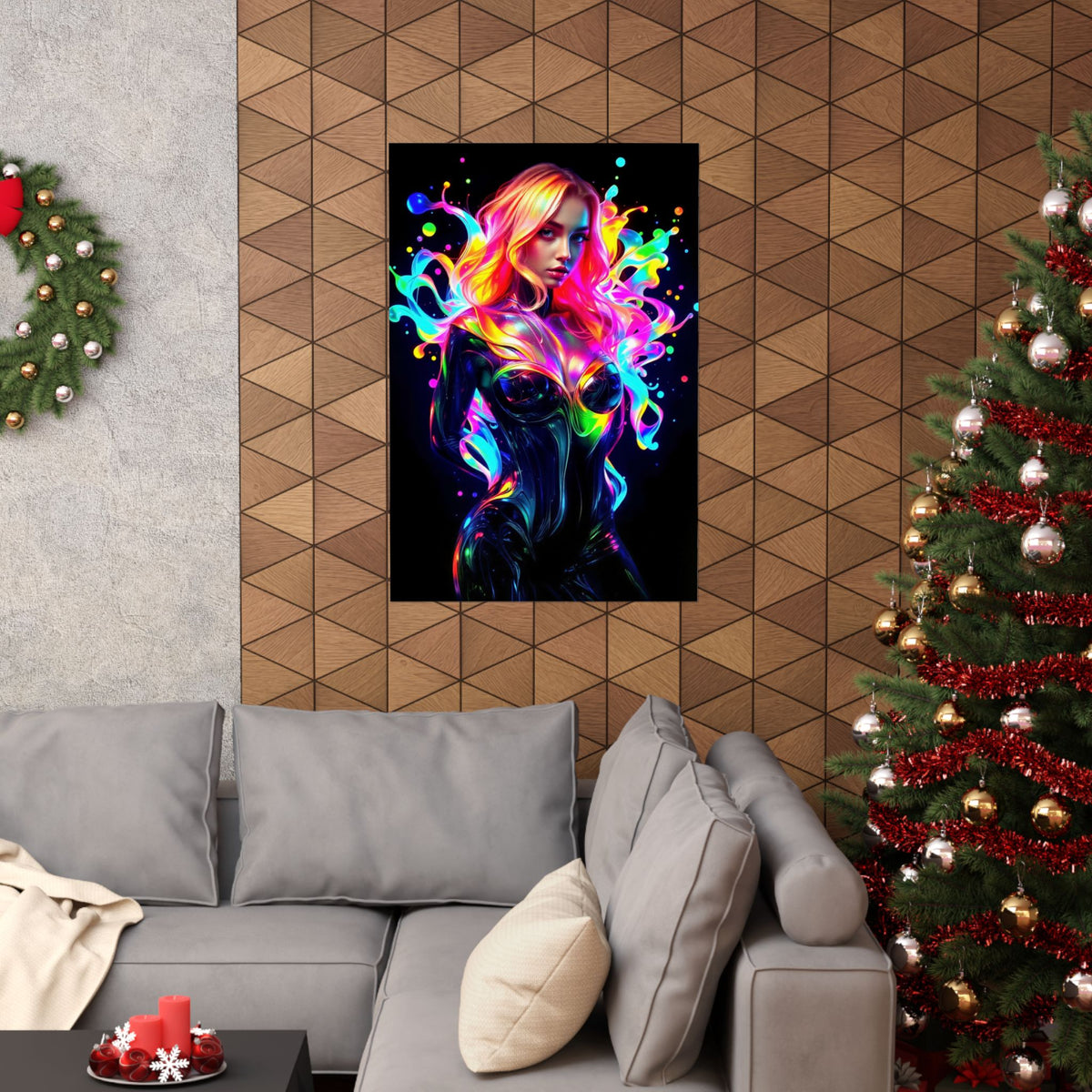 Neon Splash Rainbow Hair Woman Poster Matte Vertical Wall Art