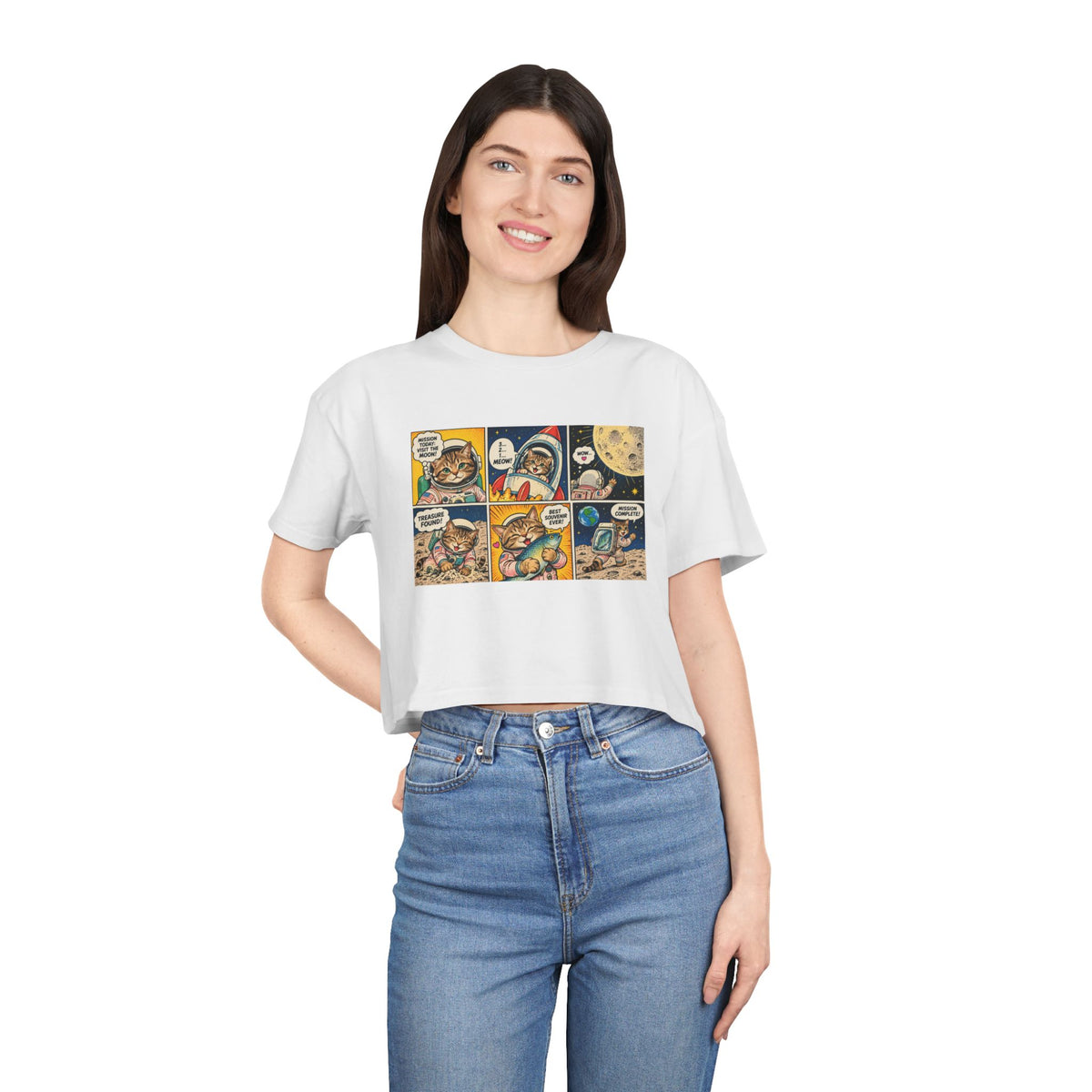 Astronaut Cat Comic Crop Tee, Space Cat Moon Mission Fish Funny Comic Strip Women's Cropped T-Shirt