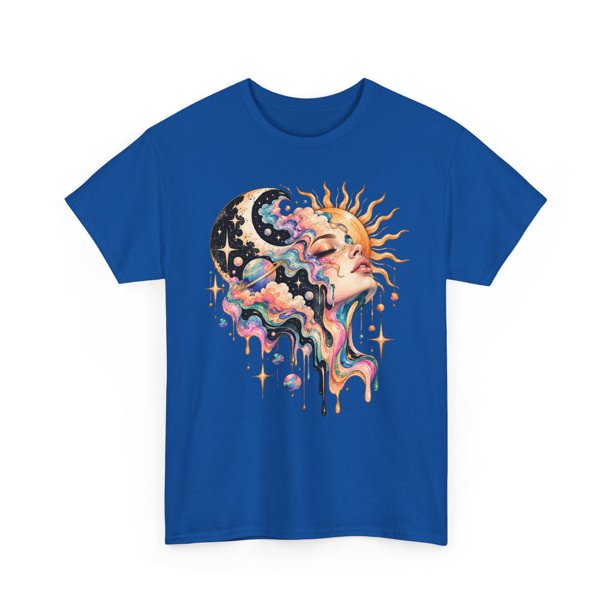 Celestial Sun and Moon Woman T-Shirt, Pastel Cloud Hair Melting Drip Planets Stars Graphic Tee Unisex