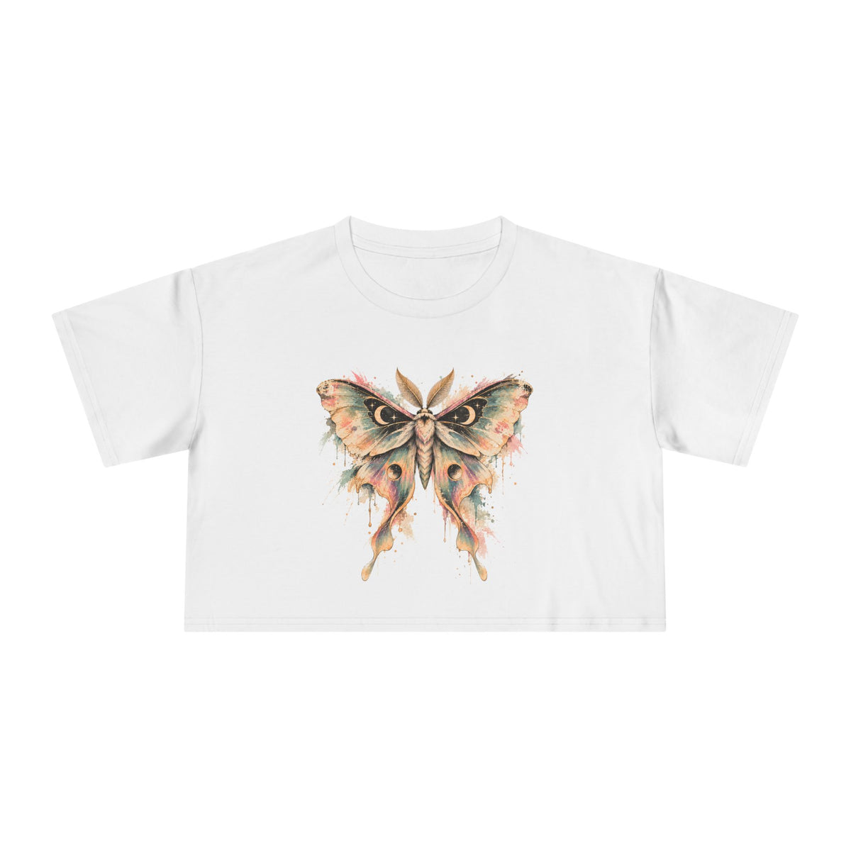 Celestial Luna Moth Crop Tee, Pastel Watercolor Moth Crescent Moon Stars Paint Drip Women's Cropped T-Shirt