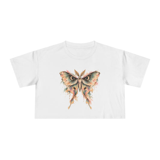 Celestial Luna Moth Crop Tee, Pastel Watercolor Moth Crescent Moon Stars Paint Drip Women's Cropped T-Shirt