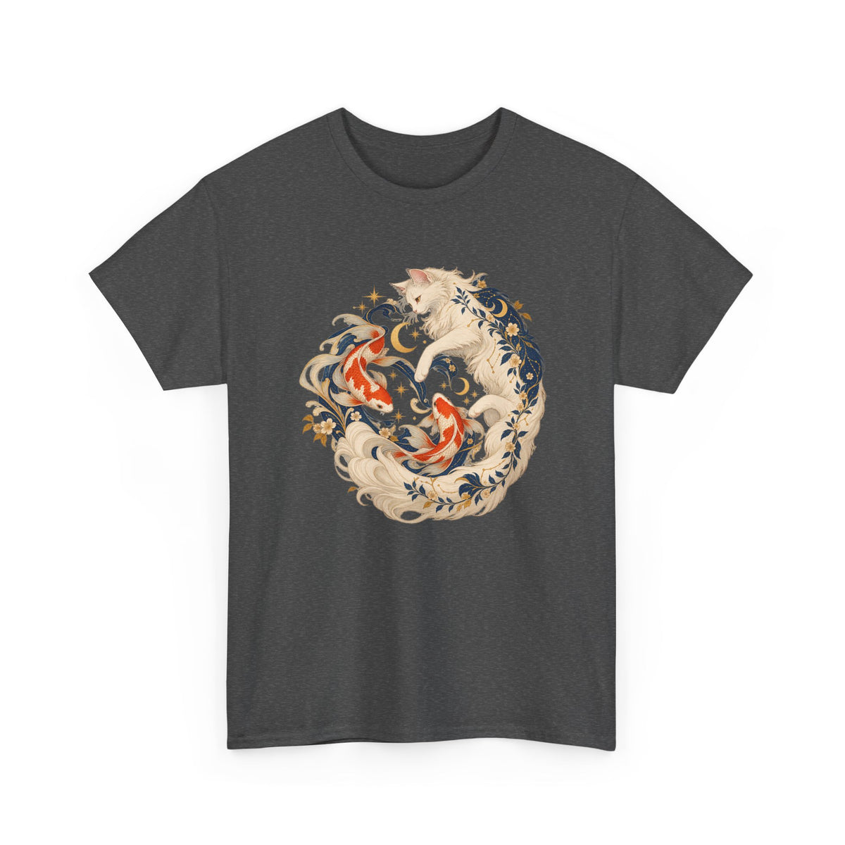 White Cat Koi Celestial T-Shirt Yin Yang Floral Cat Fish Tee