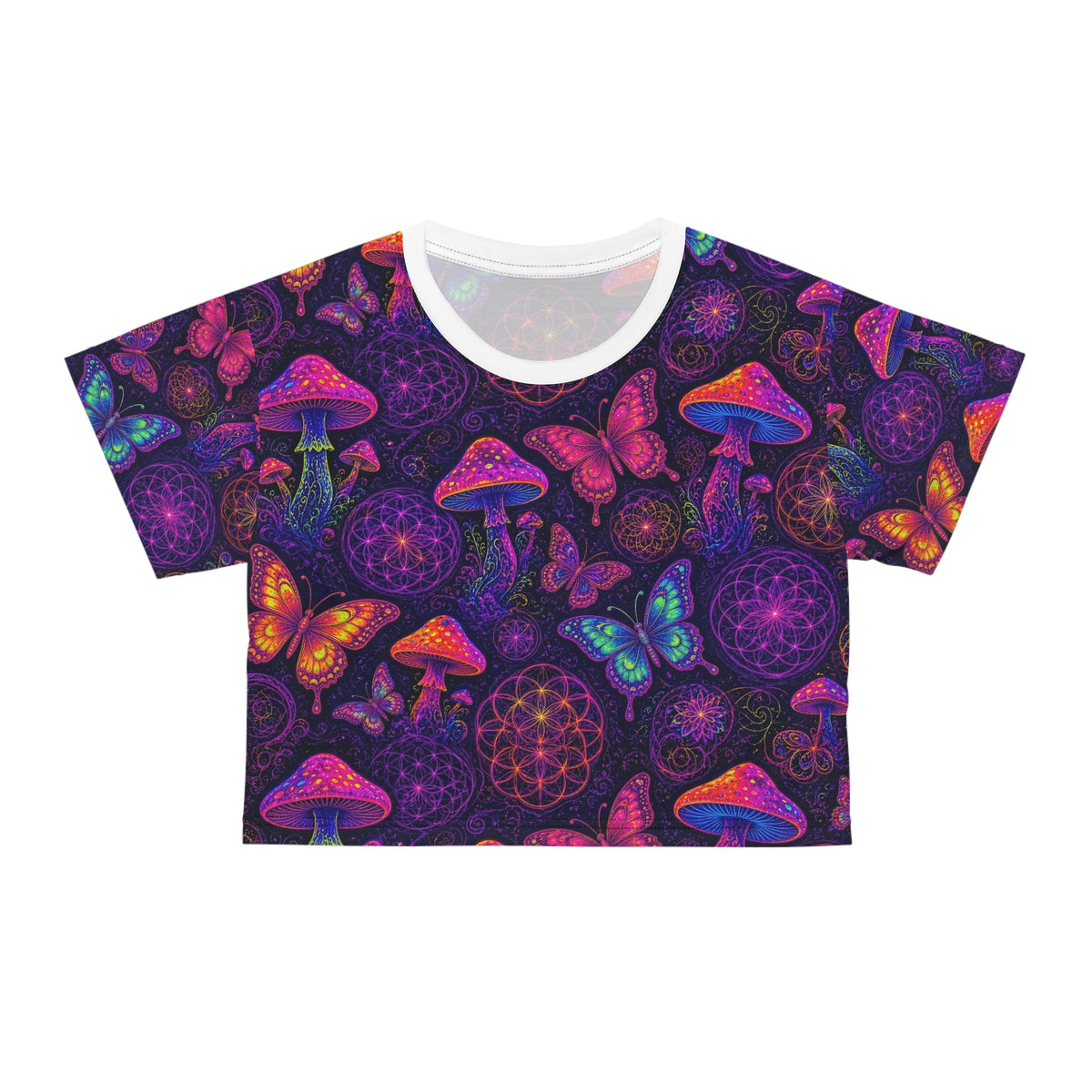 Neon Mushroom Butterfly Sacred Geometry Rave Crop Top Women Psychedelic EDM