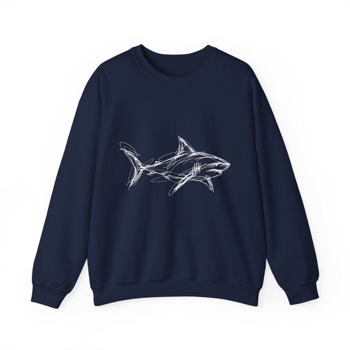 Sketchy White Shark on Black Sweatshirt Minimal Ocean Line Art