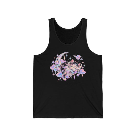 Sleeping Cat on Crescent Moon Tank Top Pastel Kawaii Celestial Kitten Tank