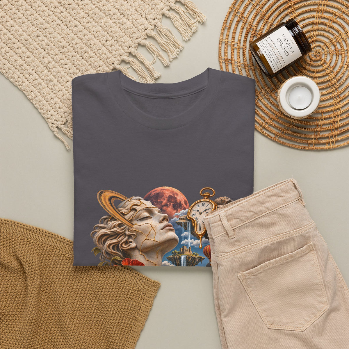 Surreal Kintsugi Bust T-Shirt Melting Clock Floating Islands Celestial Tee