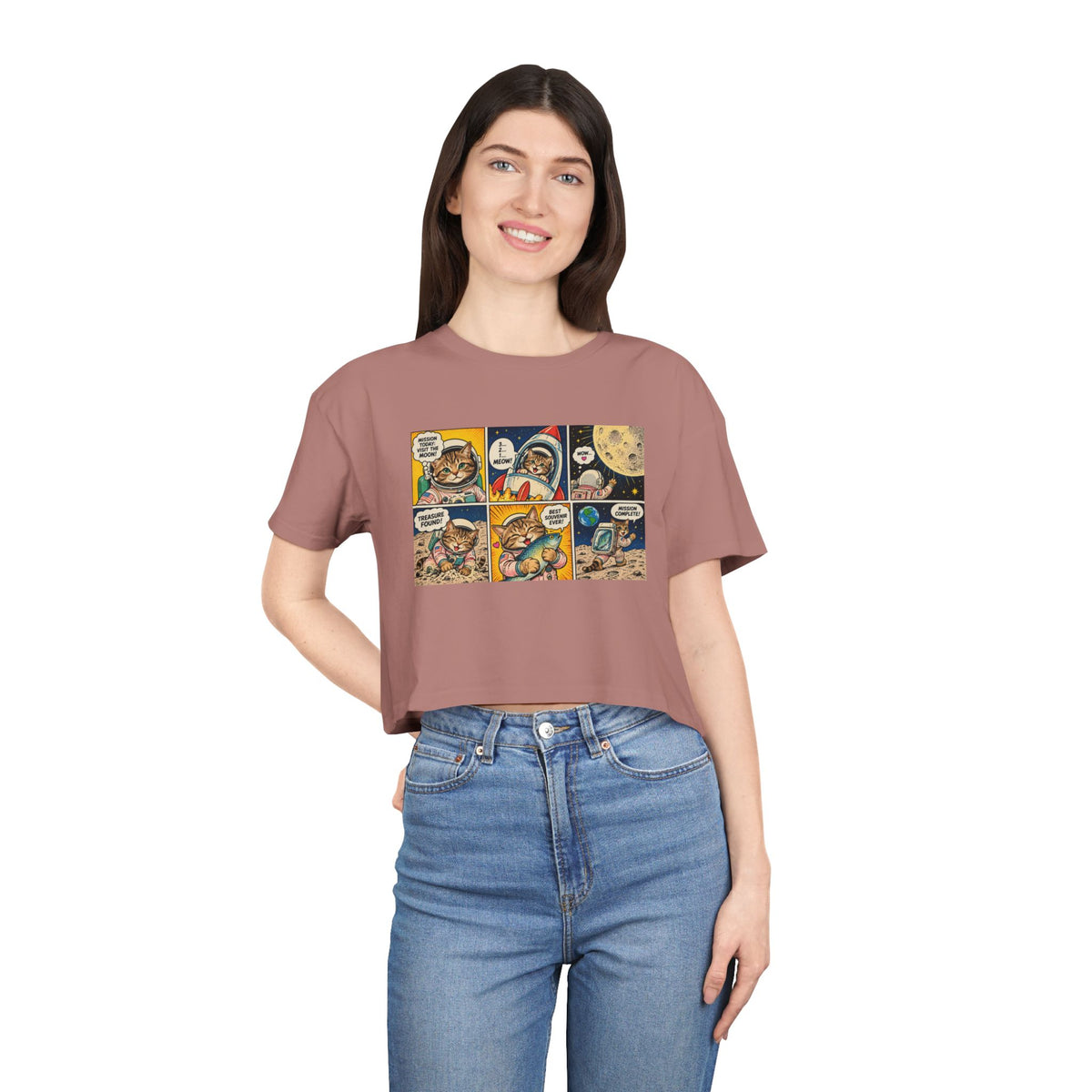 Astronaut Cat Comic Crop Tee, Space Cat Moon Mission Fish Funny Comic Strip Women's Cropped T-Shirt