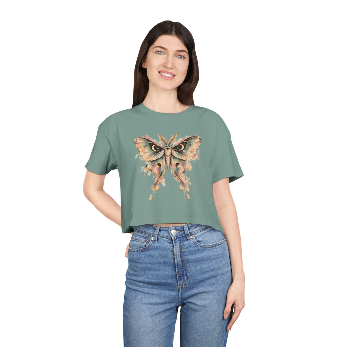 Celestial Luna Moth Crop Tee, Pastel Watercolor Moth Crescent Moon Stars Paint Drip Women's Cropped T-Shirt