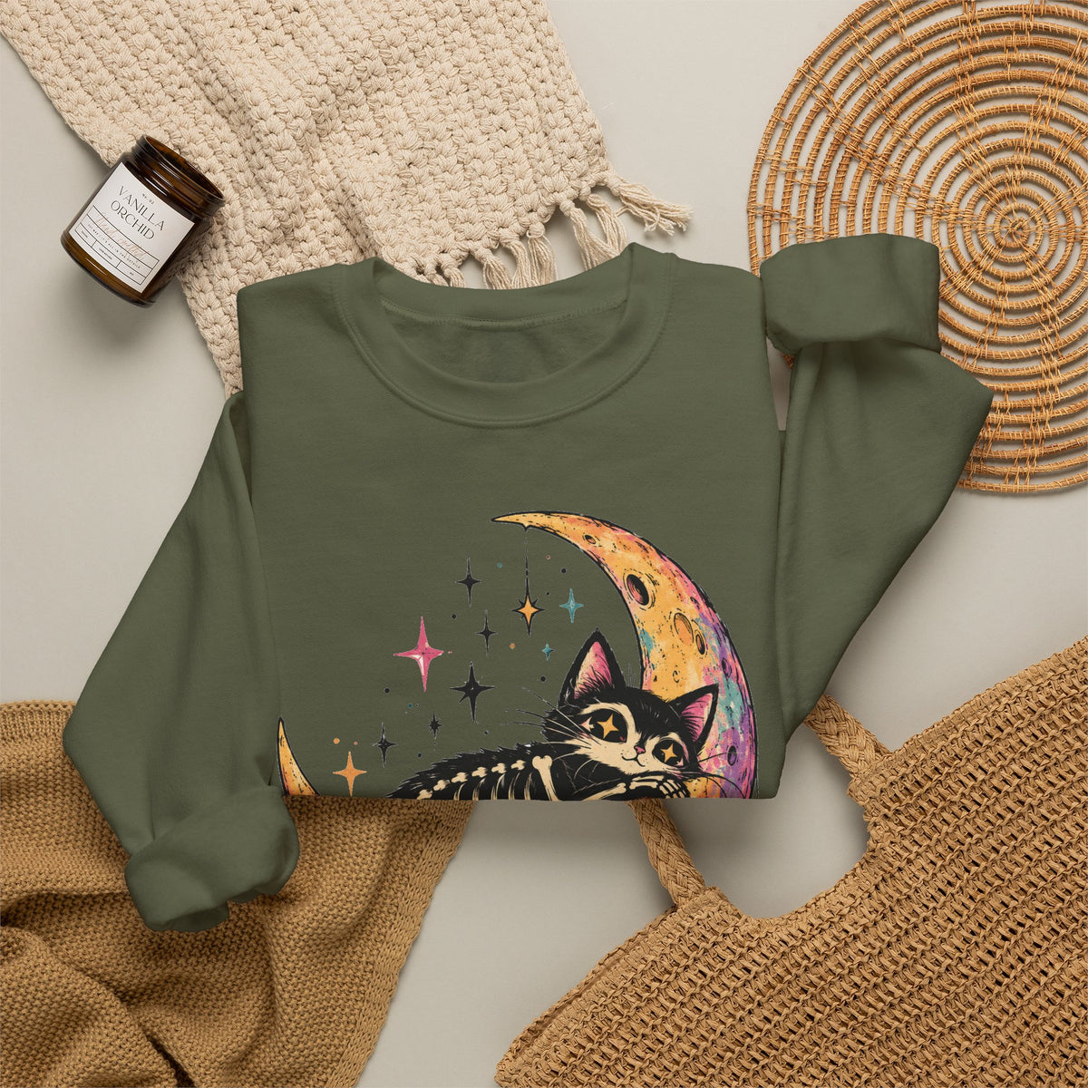 Skeleton Cat Moon Sweatshirt Pastel Goth Crescent Moon Black Cat Crewneck