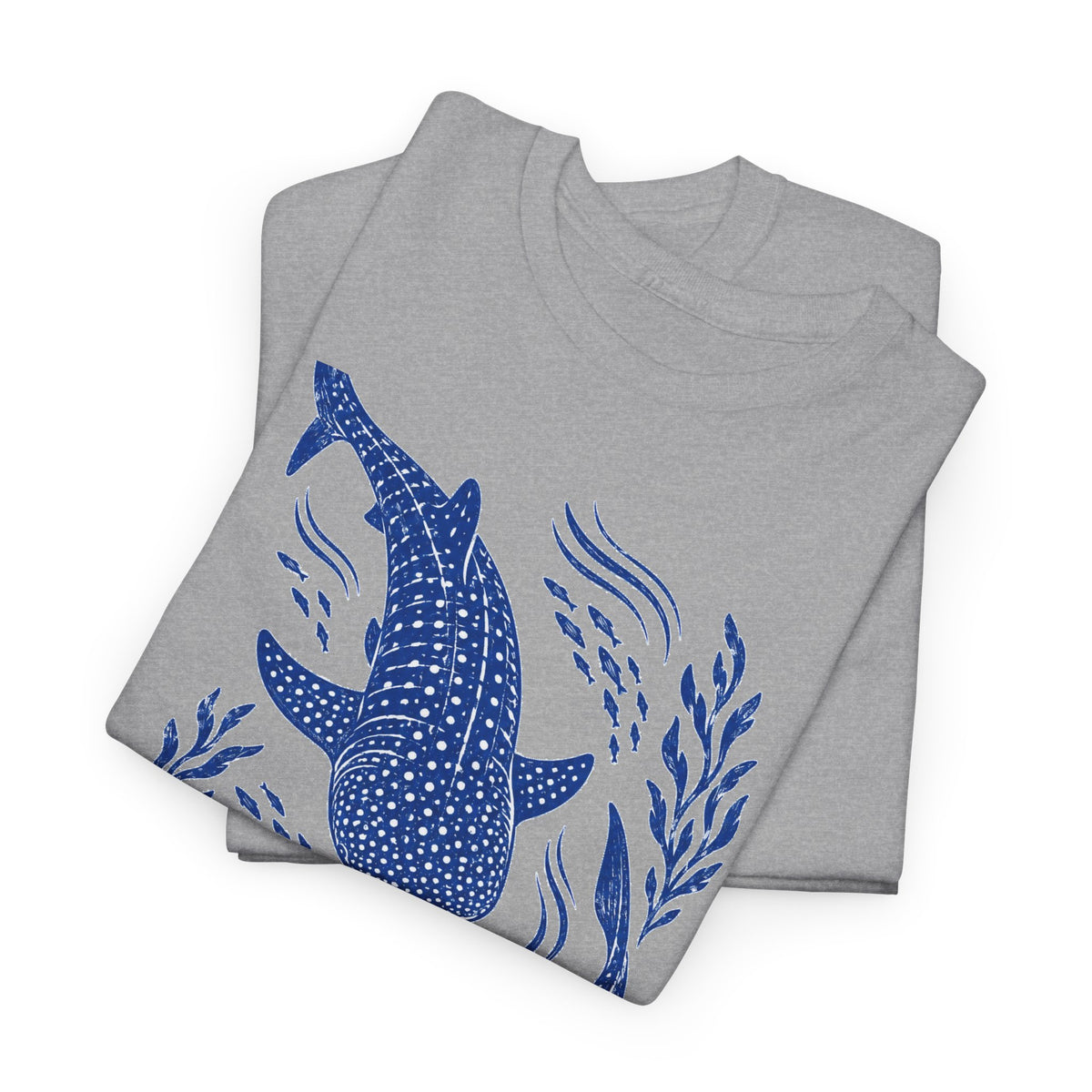 Whale Shark Linocut T-Shirt Blue Block Print Ocean Seaweed Fish Tee