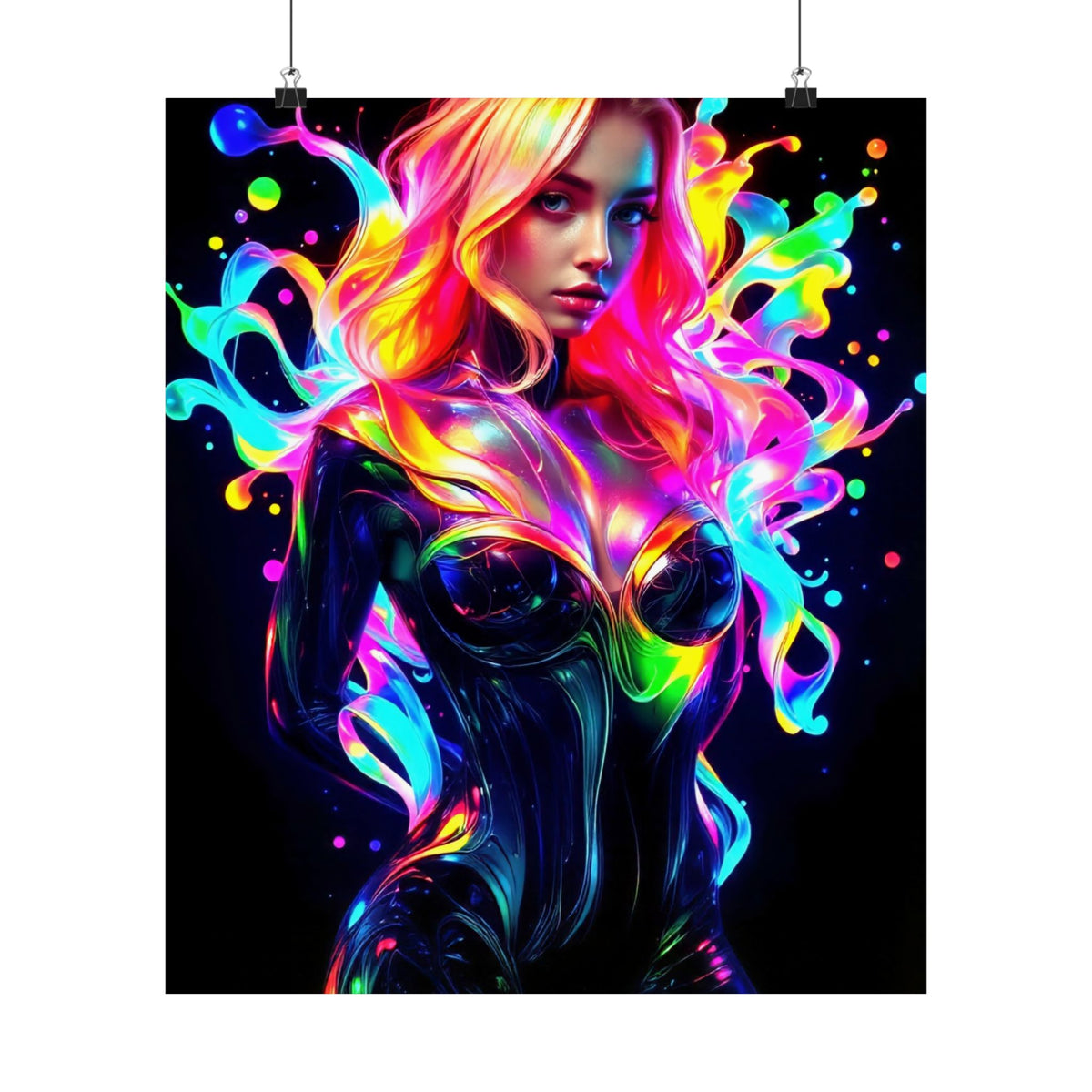Neon Splash Rainbow Hair Woman Poster Matte Vertical Wall Art