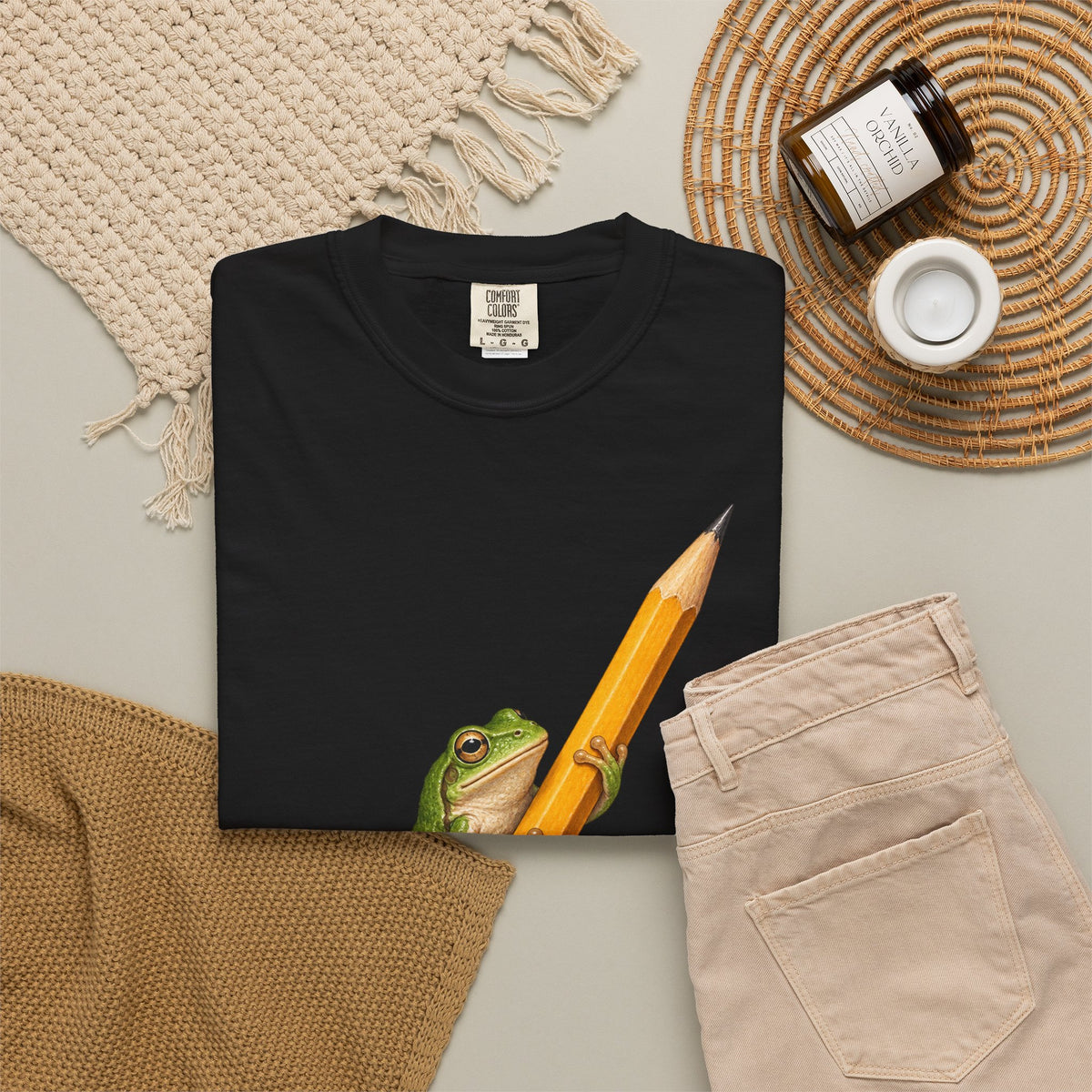 Green Tree Frog on Yellow Pencil Tee Cute Frog Pencil Macro Wildlife Shirt