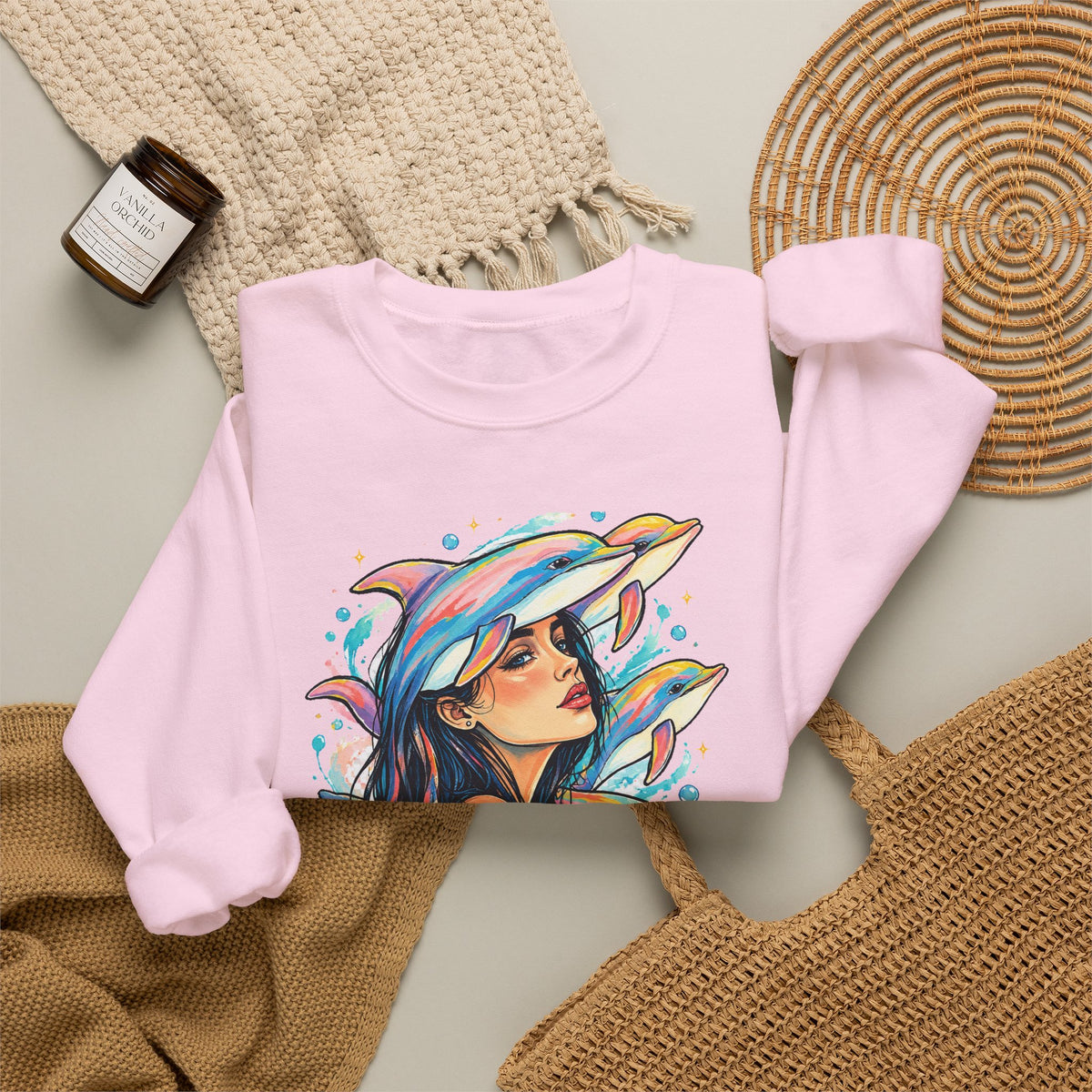 Pastel Dolphin Dream Girl Crewneck Sweatshirt Ocean Dolphins Watercolor Pop Art