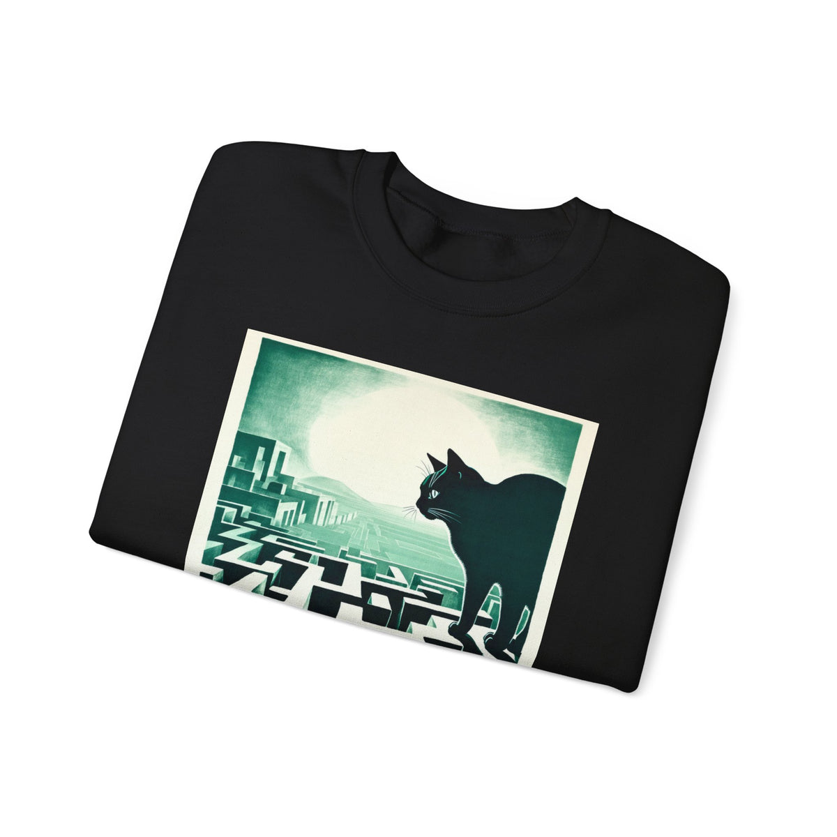Giant Black Cat Maze Teal Crewneck Sweatshirt Unisex Graphic Pullover