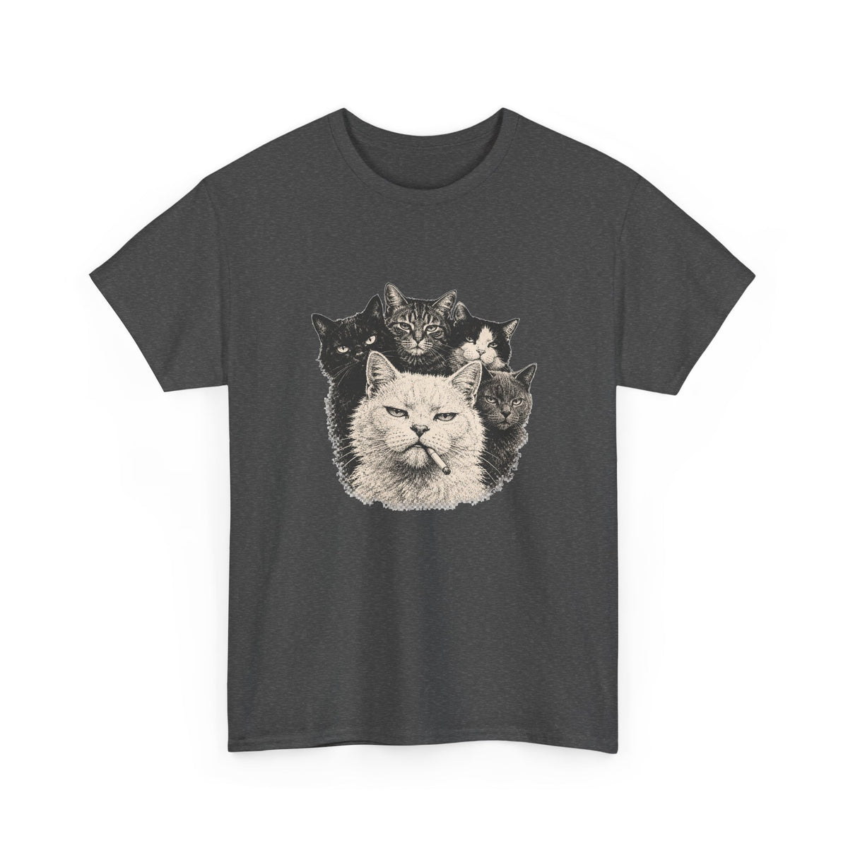 Vintage Grumpy Cats Crew T-Shirt Woodcut Smoking Cat Gang Retro Tattoo Style Tee