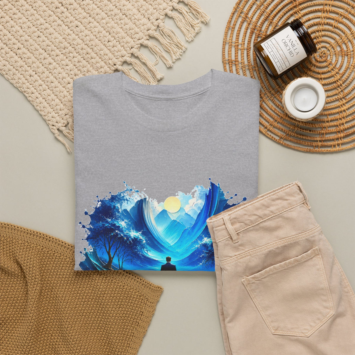 Blue Dreamscape Wanderer T-Shirt Man Walking on Water Toward the Sun Paint Splash Art