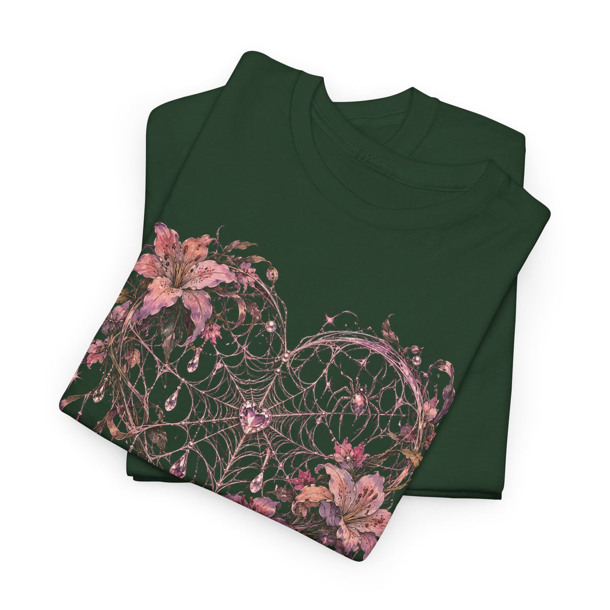 Gothic Spiderweb Heart T-Shirt Pink Lilies Crystal Pastel Goth Graphic Tee