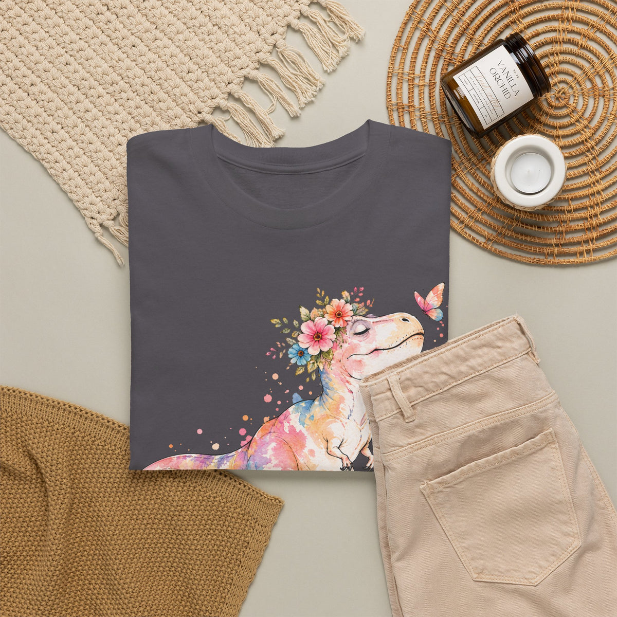 Watercolor T-Rex T-Shirt, Pastel Dinosaur Flower Crown Butterfly Graphic Tee Unisex Cute Dino Shirt