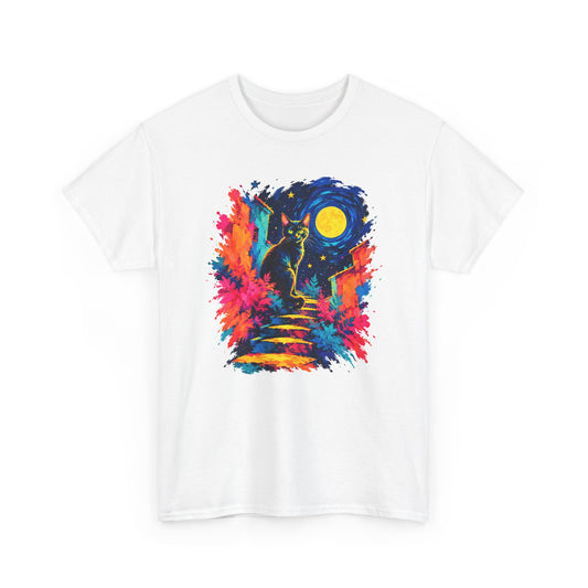 Black Cat on Moonlit Stairs T-Shirt Swirling Night Sky Yellow Moon Colorful Cat Art Tee