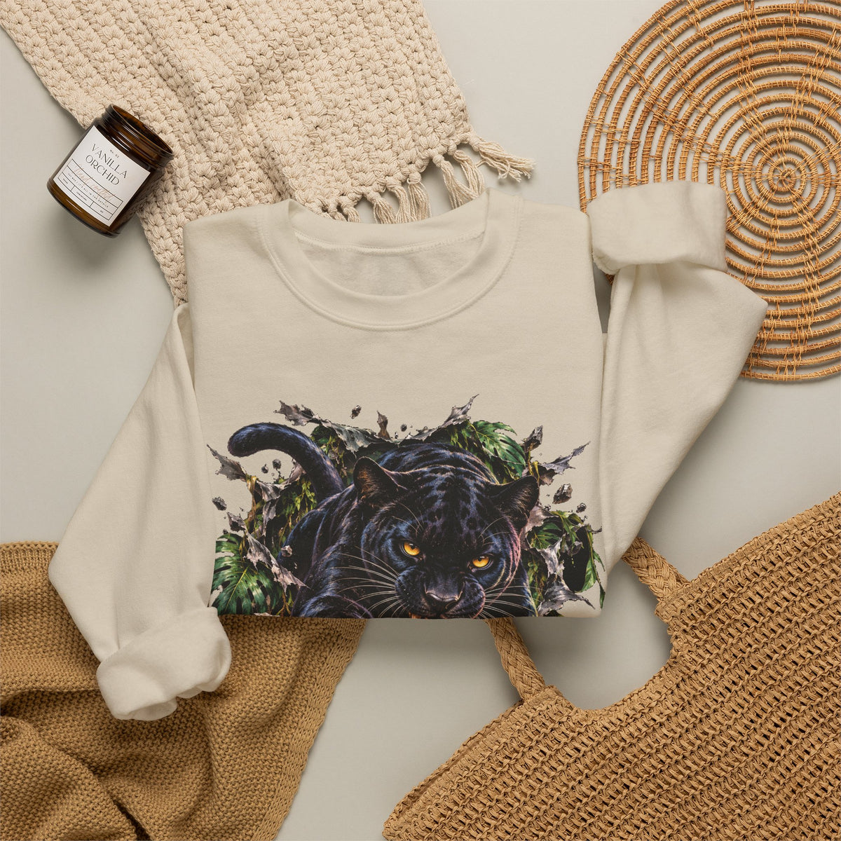 Black Jaguar Sweatshirt Snarling Big Cat Jungle Leaves Crewneck