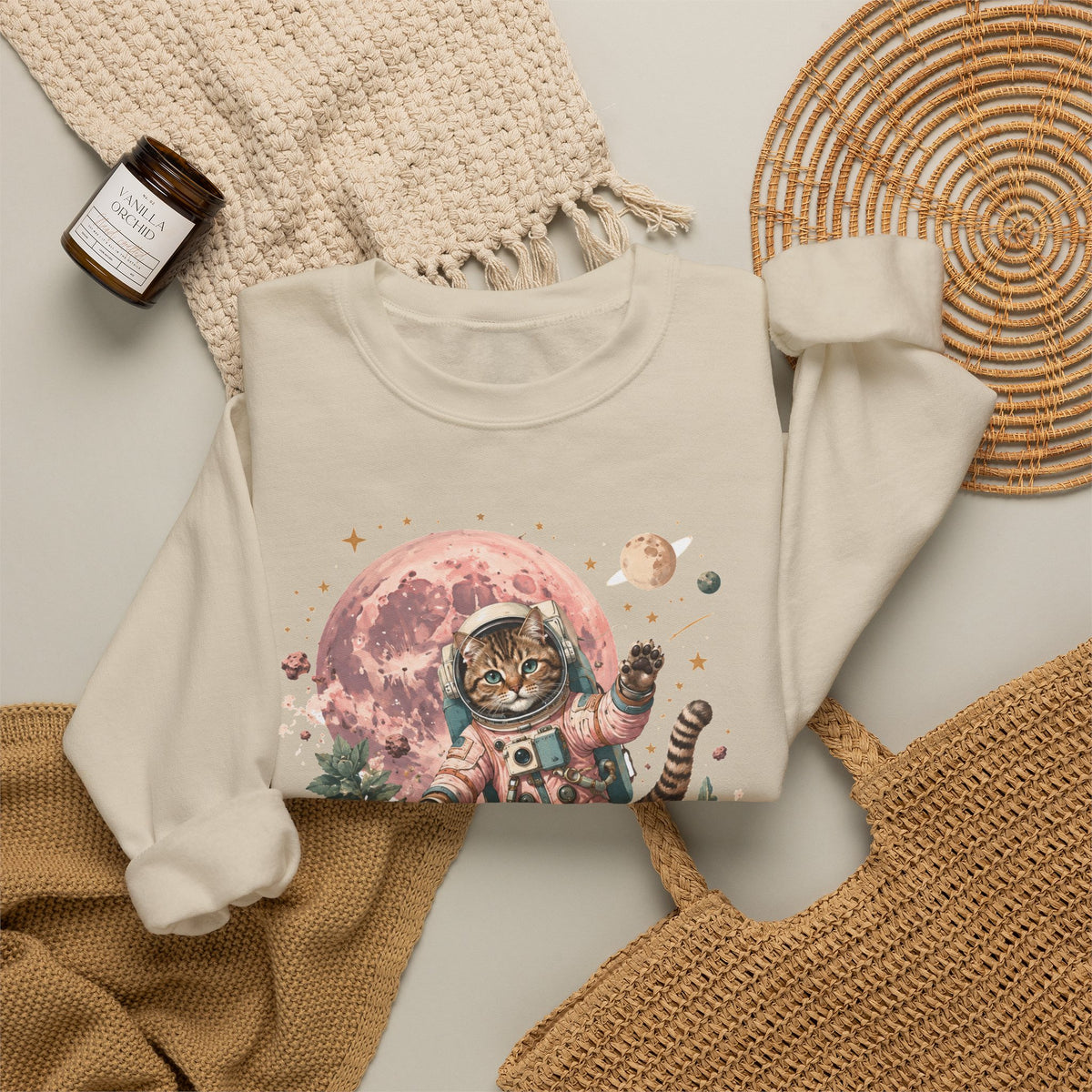 Tabby Cat Astronaut Sweatshirt Pastel Pink Moon Space Cat Waving Crewneck