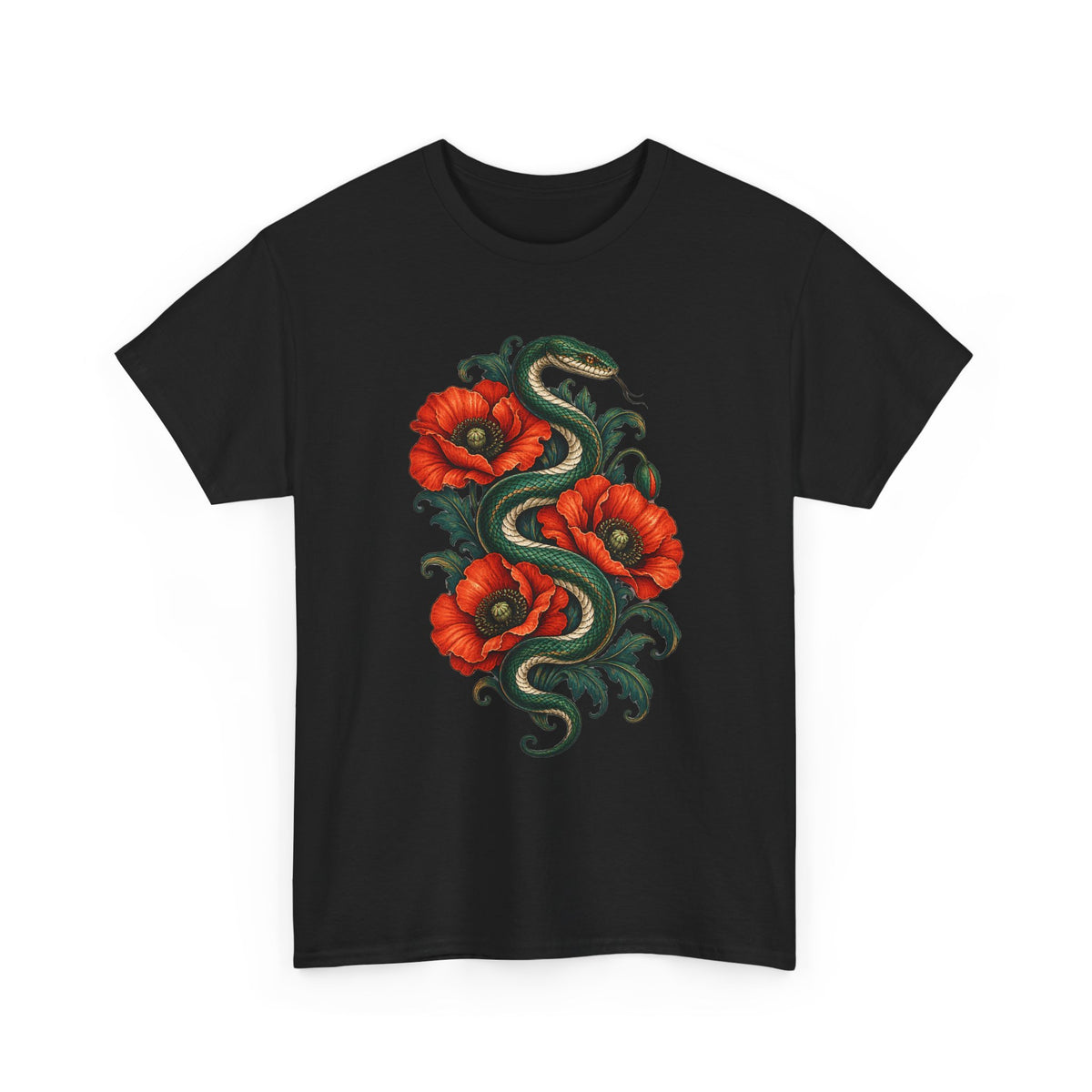 Green Snake Red Poppies T-Shirt Botanical Serpent Floral Tee