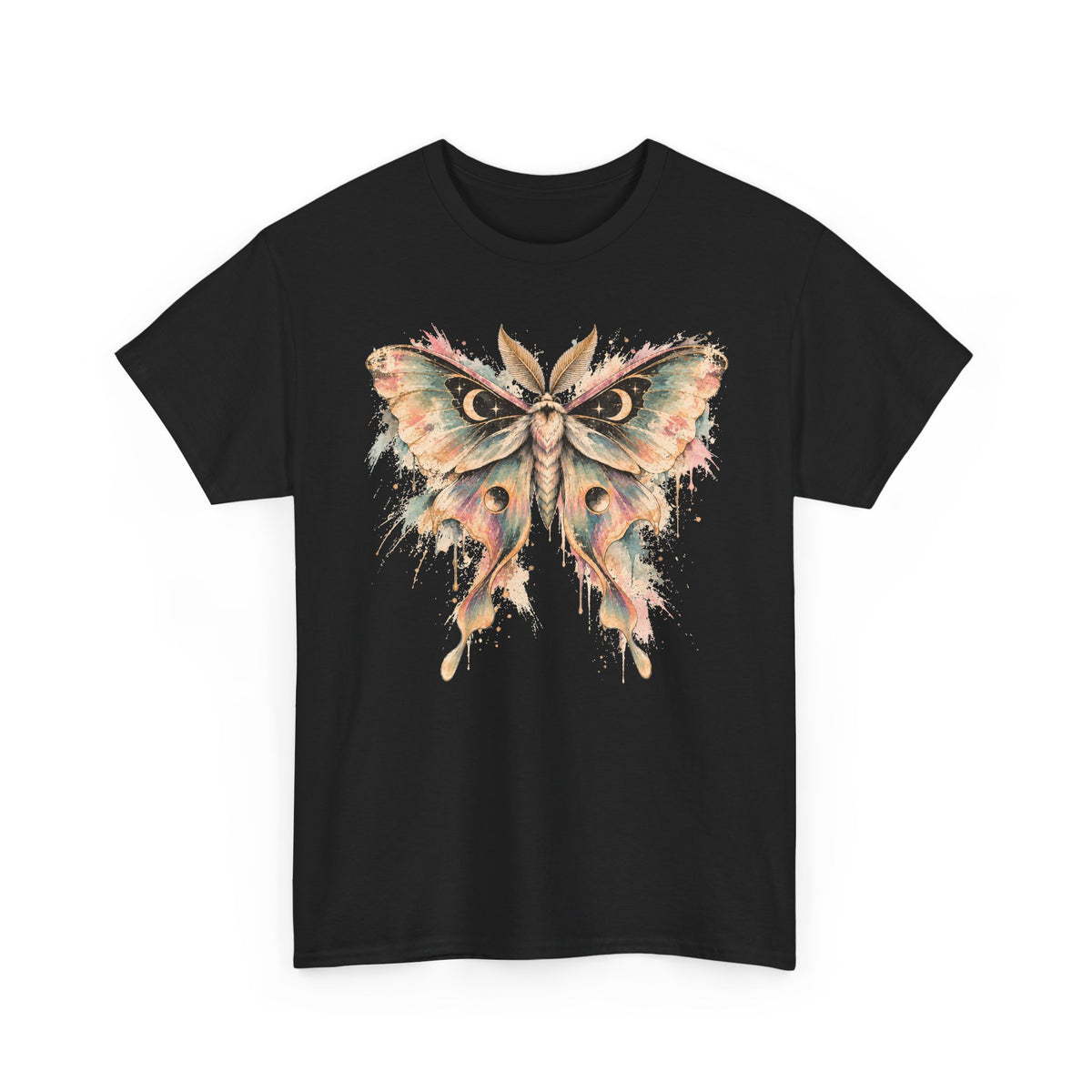 Celestial Luna Moth T-Shirt, Pastel Watercolor Moth Crescent Moon Stars Paint Drip Graphic Tee Unisex