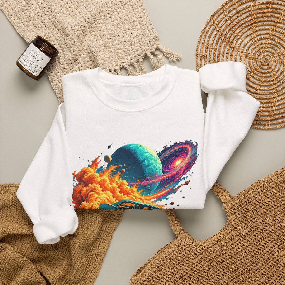 Cosmic Muscle Car Drift Crewneck Sweatshirt Teal Classic Car Orange Dust Planet Galaxy Art